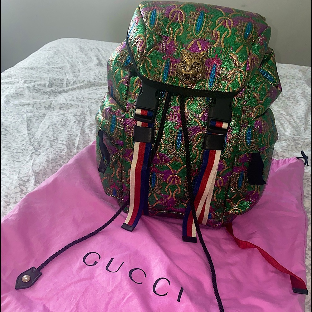 SOLD!!!! Rare Gucci Brocade Tech Pack Multi Colored Green Gold Red Backpack